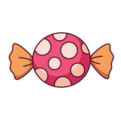 Cartoon wrapped candy icon with pink polka dot design.