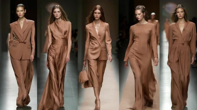 Models present elegant outfits dresses and costumes featuring the mocha mousse color of the year at runway show, highlighting contemporary fashion trends spring summer season and design innovation