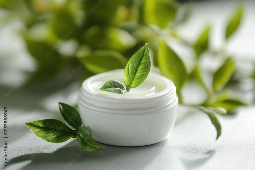 Poster a jar of cream with fresh green leaves on top, perfect for decorating or using in craft projects