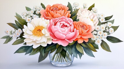 Fototapeta premium A vibrant bouquet featuring pink peonies, white daisies, and delicate foliage in a clear vase, perfect for adding charm to any space.