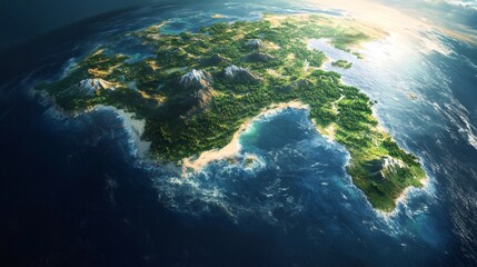 Lush green island surrounded by ocean waves