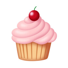 Cartoon pink cupcake with cherry on top icon.