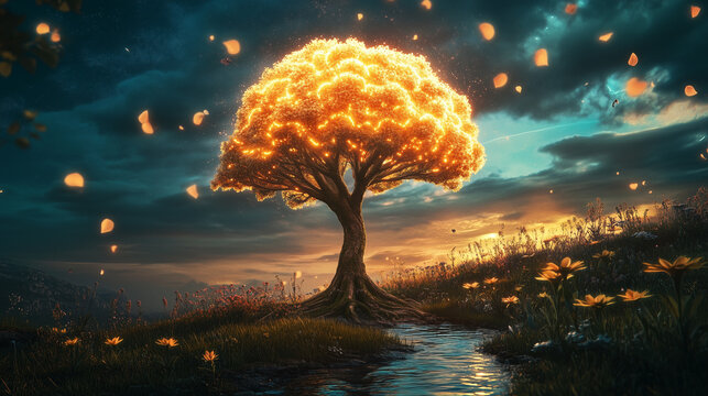 Tree resembling a glowing brain, vibrant flowers, and nurturing water-1