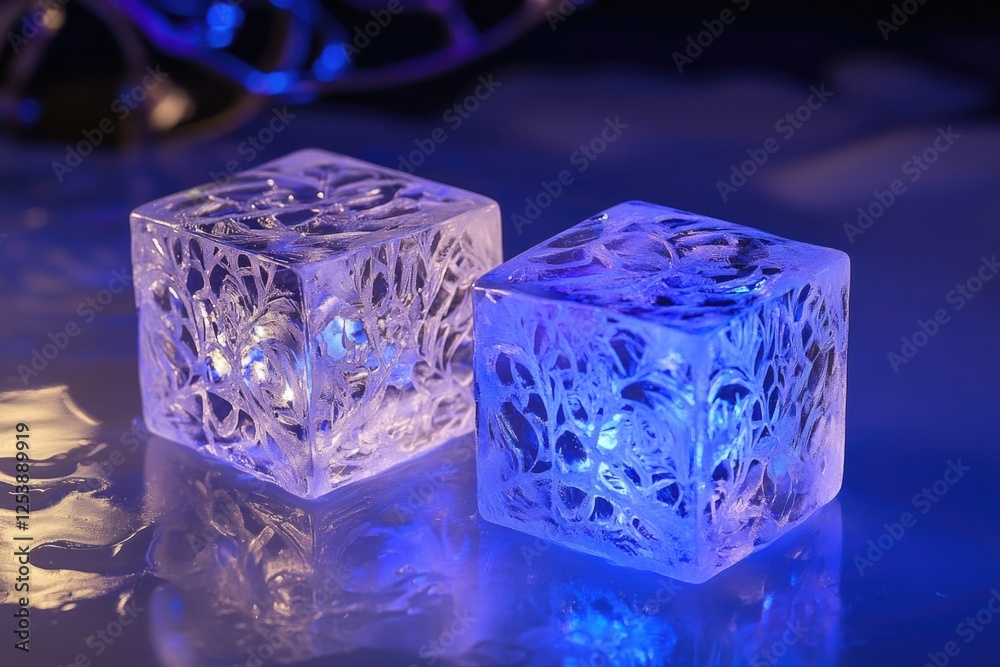 Poster a pair of ice cubes sitting on a flat surface, frozen in time