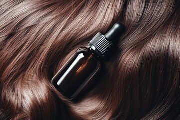 Fototapeta premium A small bottle of liquid sits atop a woman's brown hair