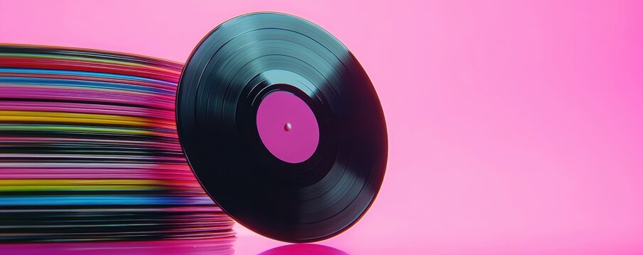 A close-up shot of a glossy vinyl record with a colorful stack of record sleeves in the background, radiating retro vibes