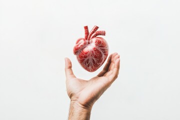 A lifelike representation of a human heart held in a hand underlines the importance of anatomy and the intricate details of the circulatory system.