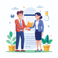 People shaking hands at work - Two businesspeople, man and woman doing handshake in office at work while smiling over business agreement and deal. Flat design stock illustration on white background