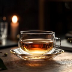 Warm Amber Tea in Double-Walled Glass Cup on Wooden Table, Cozy Evening Ambiance