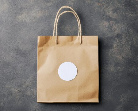 A crumpled brown paper bag with a blank white round sticker on its fold, ready for branding or labeling, in a rustic light setting