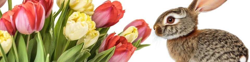Naklejka premium A rabbit stands next to a bouquet of colorful flowers