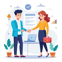 People shaking hands at work - Two businesspeople, man and woman doing handshake in office at work while smiling over business agreement and deal. Flat design stock illustration on white background