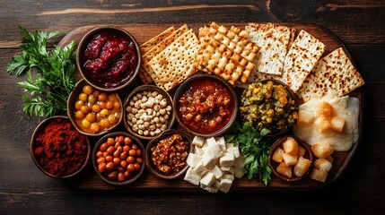 Fototapeta premium top view of Passover Seder food on table