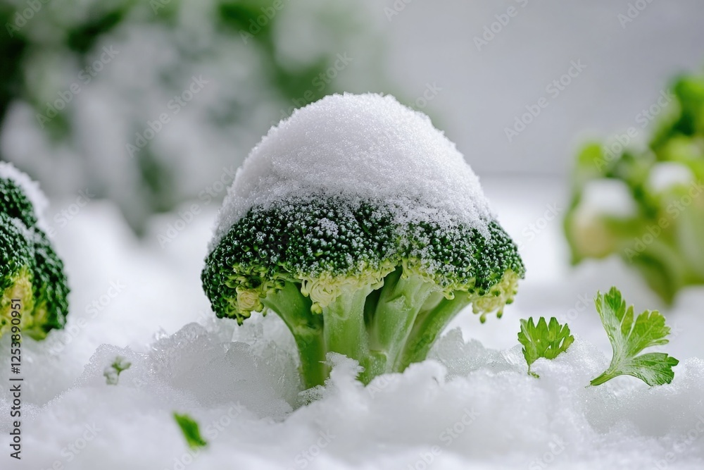 Wall mural Fresh broccoli head covered in snow, winter scene