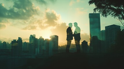 Double exposure handshake at sunset highlights business partnership in city skyline