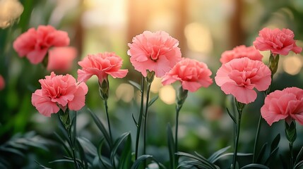 Fototapeta premium Lush garden filled vibrant pink carnations green foliage bright natural light