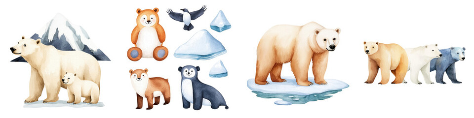 Fototapeta premium World environment element, Polar bears and wildlife in snowy landscape with icebergs and mountains, isolated on transparent background.