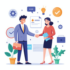 People shaking hands at work - Two businesspeople, man and woman doing handshake in office at work while smiling over business agreement and deal. Flat design stock illustration on white background