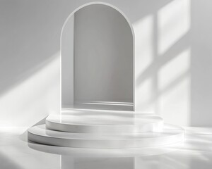 Fototapeta premium A reflective white podium surrounded by diffused soft light, creating a clean aesthetic