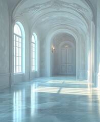 Empty blue room interior. 3d living room or gallery with shadows and sunlight from the window on the wall, realistic illustration. Minimal scene