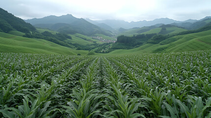 Lush green cornfield valley landscape, misty mountains background, rural farming scene, agriculture imagery