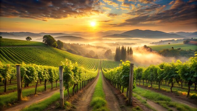 Golden Sunrise Over Rolling Vineyards