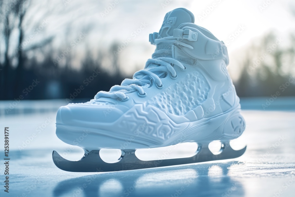 Aufkleber a pair of ice skates resting on the edge of a frozen lake or pond