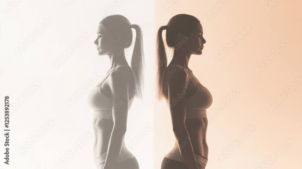 Poster fitness transformation silhouette illustrating progress before and after workouts with strong determ
