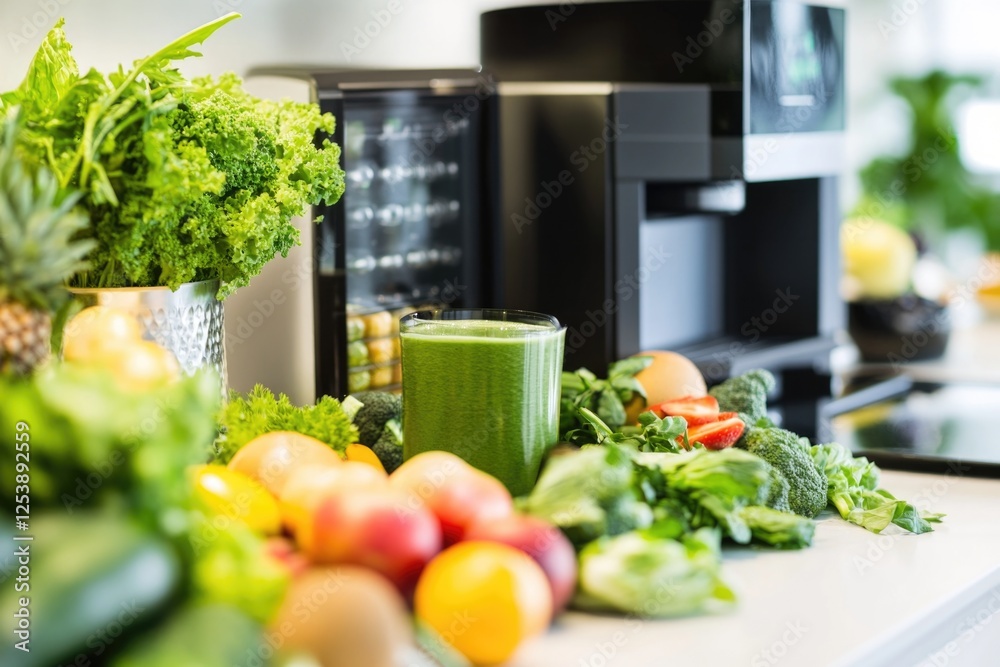 Poster a colorful display of fresh vegetables and fruits on a counter, perfect for a grocery store or kitch