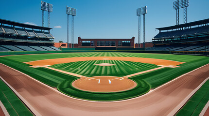 Fototapeta premium A pristine baseball stadium on a sunny day illustration image.