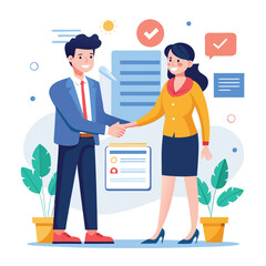 People shaking hands at work - Two businesspeople, man and woman doing handshake in office at work while smiling over business agreement and deal. Flat design stock illustration on white background
