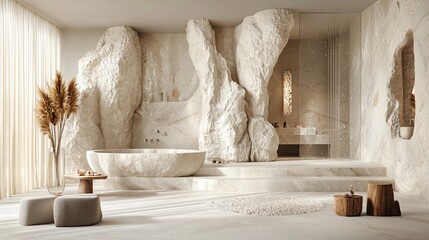 Luxurious spa-like bathroom with stone walls, bathtub, and plants.