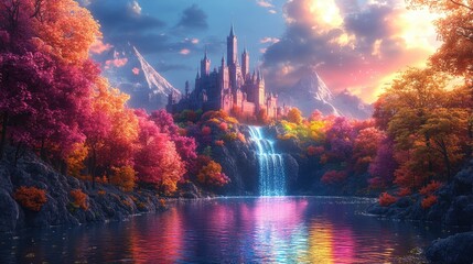 Fototapeta premium A vibrant fantasy landscape featuring a majestic castle, waterfall, and colorful autumn foliage.