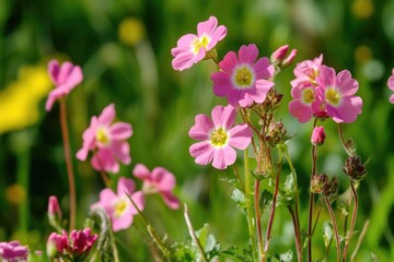 A cluster of pink flowers growing among lush green grass