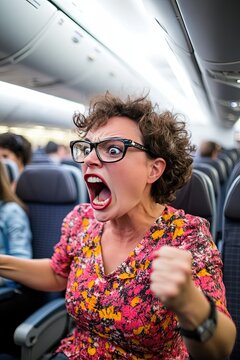unruly karen passenger arguing on airplane flight