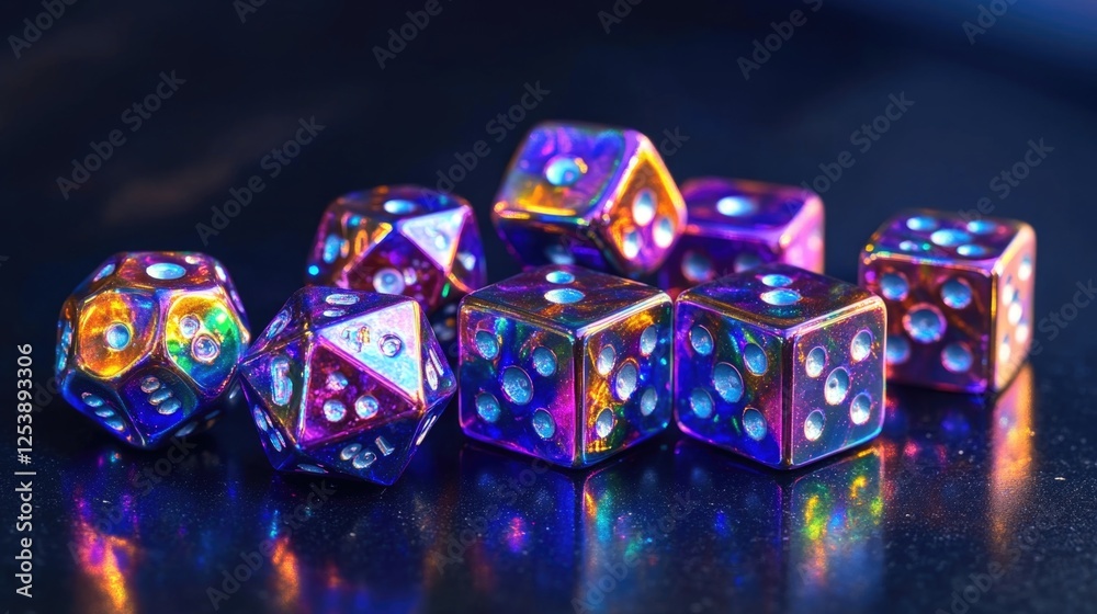 Poster a bunch of dice sit on top of a wooden table, ready for a game