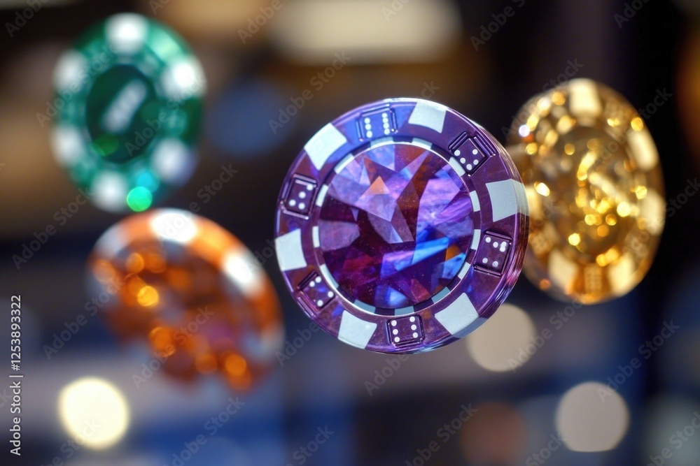 Poster a close-up shot of a single casino chip on a table, suitable for use in gaming or financial contexts