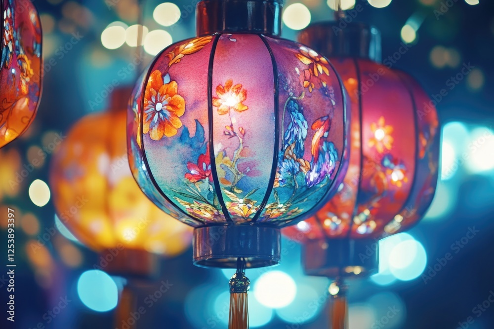 Poster A string of colorful lanterns hangs from a ceiling, adding a pop of color and ambiance to the space