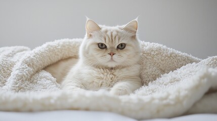 Cozy Cream Cat Under a Fluffy Blanket