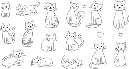 Cute Hand Drawn Doodle Cats Funny Kittens Collection - Simple funny cute doodle cats, line outline icons set in different poses and unusual interpretation vector illustration isolated on white.