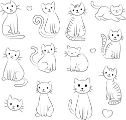 Cute Hand Drawn Doodle Cats Funny Kittens Collection - Simple funny cute doodle cats, line outline icons set in different poses and unusual interpretation vector illustration isolated on white.