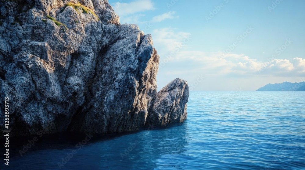 Poster a natural rock formation emerges from the open ocean waters, suitable for use as a unique landscape 
