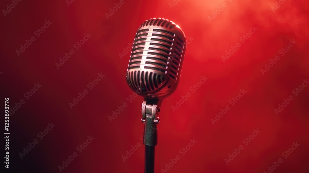Poster a microphone on a stand against a bright red background, ready for use