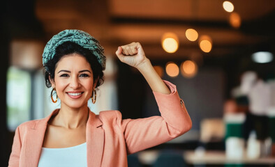 Mature middle eastern woman in office with raised fist of empowerment, strength and women solidarity, International Womens Day concept