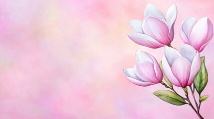 Naklejka premium A delicate branch of pink and white magnolia flowers against a soft, blurred pink background evokes a serene, springtime atmosphere.