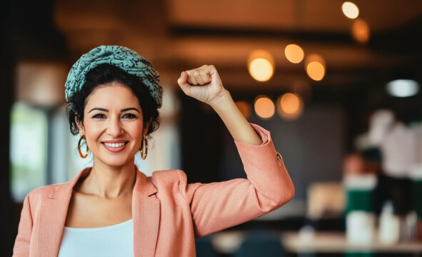 Mature middle eastern woman in office with raised fist of empowerment, strength and women solidarity, International Womens Day concept - Powered by Adobe