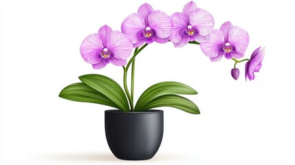 Naklejka premium A beautiful purple orchid in a black pot, showcasing vibrant petals and lush green leaves, perfect for home decor or gifting.