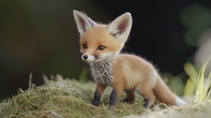 A small toy fox perched on top of a vivid green grassy area