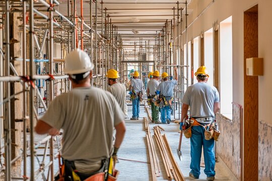 Construction workers collaborating in a bustling building site in bright daylight