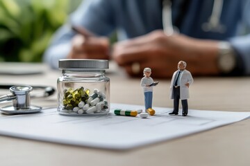 An imaginative depiction of miniature figures of doctors reviewing medications in a clinic setting, symbolizing the intricate world of healthcare and the importance of medication management.